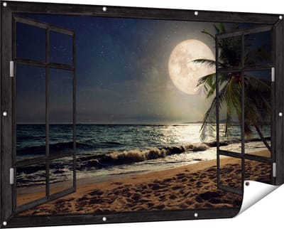 Gards Tuinposter Doorkijk Tropisch Strand in de Nacht met Volle Maan - 150x100 cm - Tuindoek - Tuindecoratie - Wanddecoratie buiten - Tuinschilderij