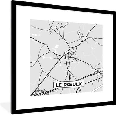 Fotolijst incl. Poster Zwart Wit- België – Le Rœulx – Stadskaart – Kaart – Zwart Wit – Plattegrond - 40x40 cm - Posterlijst