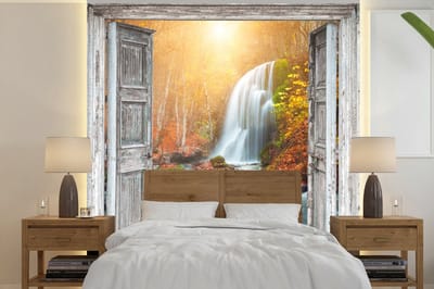 Behang - Fotobehang Waterval - Doorkijk - Landschap - Breedte 300 cm x hoogte 300 cm