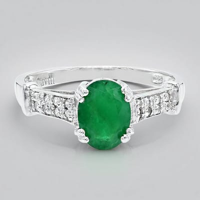 Cavill - Zilveren ring met Bahia smaragd 1,05 ct - 925 Sterling zilver geplatineerd - Ovale groene Brazilliaanse edelsteen met 16 zirkonen - Maat 17
