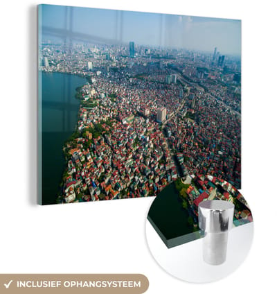 ® Glasschilderij 160x120 cm - Schilderij acrylglas - Hanoi - Stad - Water - Foto op glas - Muurdecoratie woonkamer - Wanddecoratie slaapkamer - Schilderijen