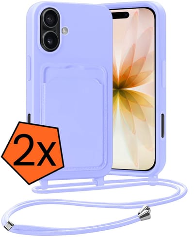 Hoesje Geschikt voor iPhone 17 Hoesje Met Telefoonketting Pasjeshouder Case Koord - Hoesje Geschikt voor iPhone 17 Hoes Met Kaarthouder - Lila - 2 PACK