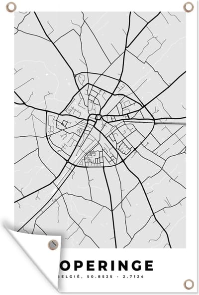 Muurdecoratie België – Poperinge – Stadskaart – Kaart – Zwart Wit – Plattegrond - 120x180 cm - Tuinposter - Tuindoek
