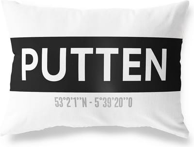 Tuinkussen PUTTEN - GELDERLAND met coördinaten - Buitenkussen - Bootkussen - Weerbestendig - Jouw Plaats - Studio216 - Modern - Zwart-Wit - 50x30cm