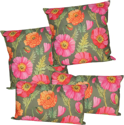 Anna Collection Sierkussen set voor binnen/buiten - 4x stuks - klaprozen bloemen - roze/groen - tuinkussens