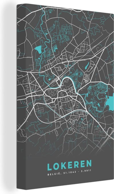 Canvas Schilderij Stadskaart – Grijs - Kaart – Lokeren – België – Plattegrond - 20x30 cm - Wanddecoratie