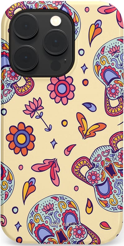 Casetastic hoesje geschikt voor Apple iPhone 14 Pro - MagSafe - Dubbellaagse bescherming - Dia de los Muertos Doodshoofd Bloemen - Fashion Case - Crème Lila Zilver