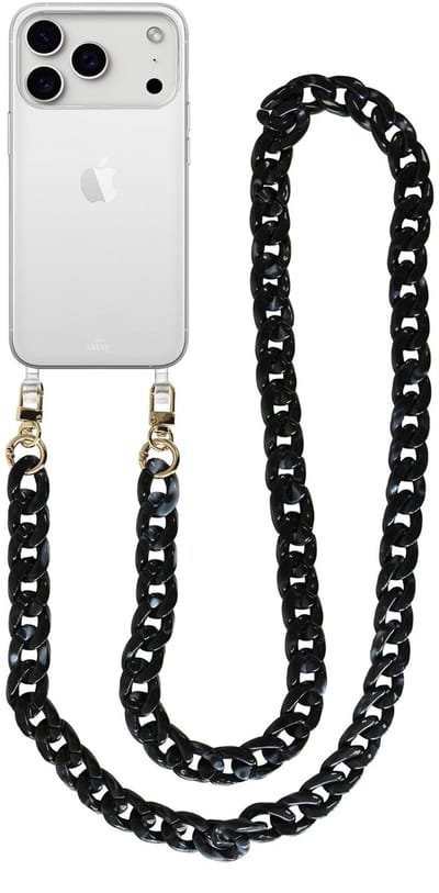 xoxo Wildhearts siliconen hoesje - Geschikt voor iPhone 17 Pro Max - Marble Black - Lang Koord - Telefoonhoesje - Hoesje met koord - telefoonkoord - Transparant hoesje - Lang zwart marmerprint koord