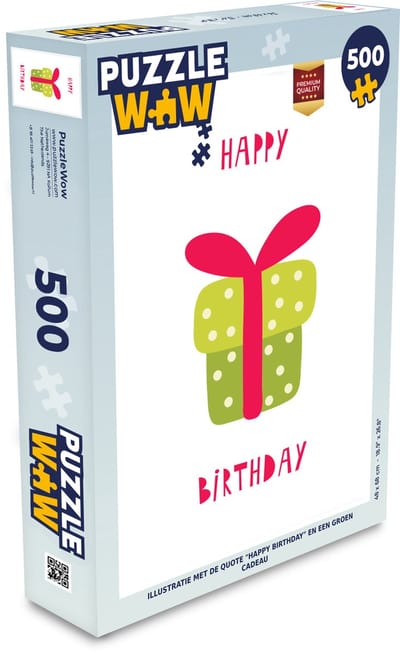 Puzzel Illustratie met de quote "Happy birthday" en een groen cadeau - Legpuzzel - Puzzel 500 stukjes