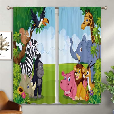 Schattig Cartoon Stijl Bosdier Patroon Printgordijnen, Stangzakgordijnen, Ideaal Voor Slaapkamer Ruimte Woonruimte Keukenruimte Siergordijnen W50xH140(CM)x2PCS&Rod pocket