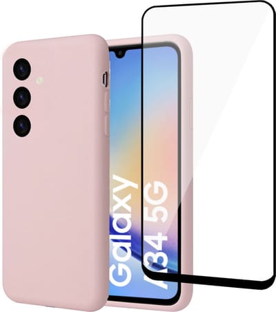 Geschikt voor Samsung A34 Hoesje + Screenprotector – Full Cover Gehard Glas – Suède Back Cover Case Rose