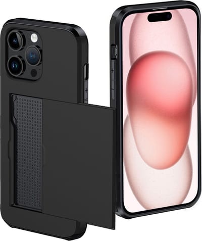 Hoes Geschikt voor iPhone 15 Pro Hoesje Pasjeshouder Hard Cover Shock Proof Hard Case Hoes Met Kaarthouder - Zwart