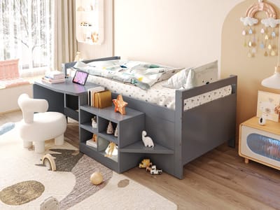 Kinderbed - 90x200 Cm Met Bureau, Opbergruimte En Eu-Stopcontact - Grijs - Inclusief 2 Usb Poorten