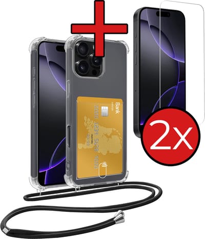 Hoesje Geschikt voor iPhone 16 Pro Hoesje Met Telefoonkoord en Pasjeshouder Met 2x Screenprotector Siliconen - Hoes Geschikt voor iPhone 16 Pro Hoesje Met Kaarthouder Shock Proof Case - Transparant
