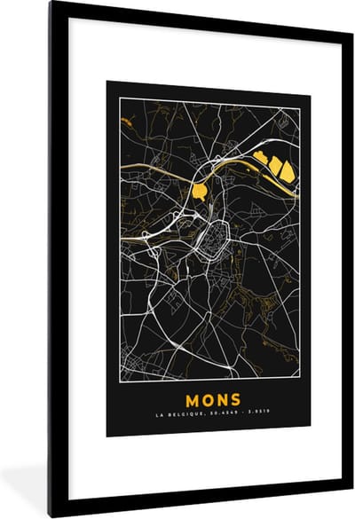 Fotolijst incl. Poster - Mons - Black & gold - Stadskaart - Plattegrond - Kaart - 80x120 cm - Posterlijst