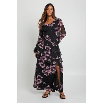 boohoo Dames Maxi-jurk in chiffon met bloemenprint en zwierige franjes | Chocolate | Maat: 8