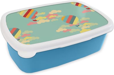Broodtrommel Blauw - Lunchbox - Brooddoos - Luchtballon - Patronen - Baby - 18x12x6 cm - Kinderen - Jongen