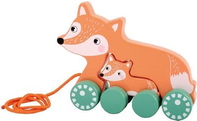 Houten trekfiguur vos met jong - baby vosje