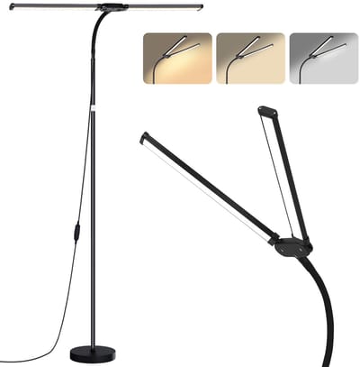 LED Vloerlamp - 360° Flexibele Gooseneck Staande Lamp - 3 Kleurmodi + Traploos Dimbaar Leeslamp Staand - Dubbele Kop Vloerlampen-Werkbank/Kantoor/Woonkamer/Slaapkamer Verlichting - Oogbescherming Flicker-vrij