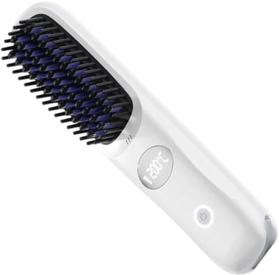 Oplaadbare keramische haarborstel, draadloos gebruik, snelle opwarming, geschikt voor alle haartypes (wit).