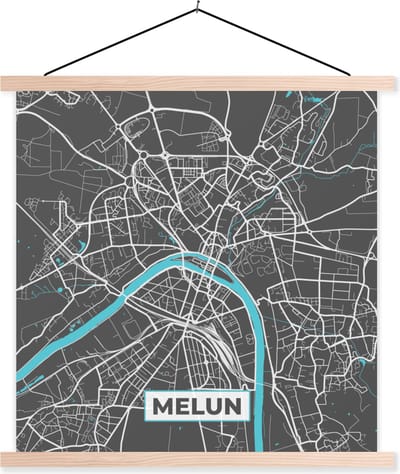 Posterhanger incl. Poster 40x40 cm - Schoolplaat - Melun - Frankrijk - Plattegrond - Kaart - Stadskaart - Textielposter - Blanke latten - Stadskaart