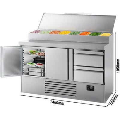 GGM Gastro Zubereitungskühltisch Mini - 1460x700mm - mit 2 Türen & 2 Schubladen - Edelstahlaufsatz 8x GN 1/4