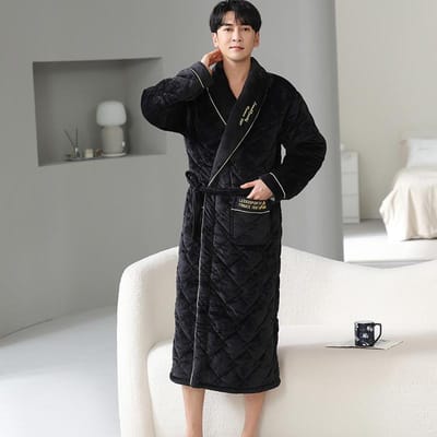 Dikke 3 Lagen Warme Winter Badjas Heren Zachte Flanel Gewatteerde Lange Kimono Badjas Mannelijke Kamerjas voor Heren Koraalfleece Badjas L black