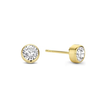 New Bling 9NBG-0461 Gouden Oorknopjes - Dames - Zirkonia - In Rond Kastje Gezet - 5 mm Doorsnee - 14 karaat - Goud