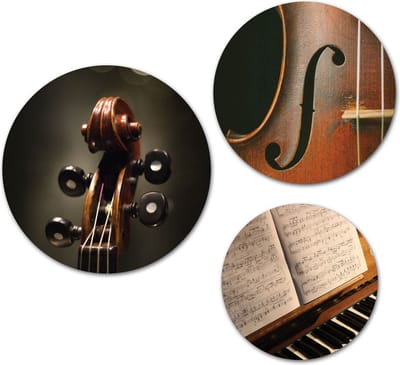 Forex Muurcirkel Set -  Set Muziek, Viool en Piano - Set van 3 Wandcirkels met Ophangsystemen - 20x25x30