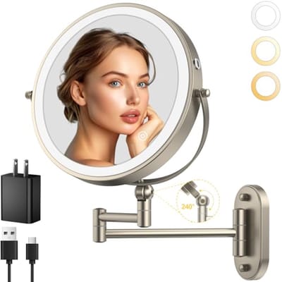 9 Inch Wandgemonteerde Verlichte Make-up Spiegel met 1X/10X Vergroting