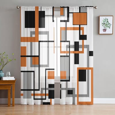 Scandinavische retro middeleeuwse geometrische abstracte oranje transparante gordijnen voor woonkamerramen, tule voile gordijnen voor de keuken W135 x H115cm x1 black