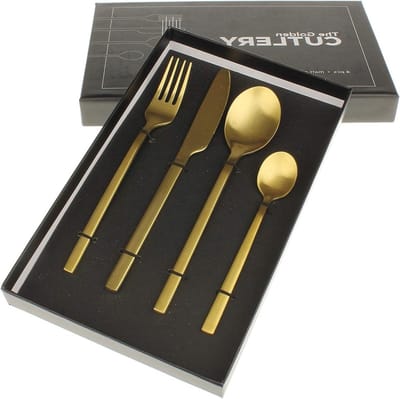Elegante 4-delige bestekset in goud matte afwerking van roestvrij staal - vork, lepel, mes en theelepel, vaatwasmachinebestendig design bestek