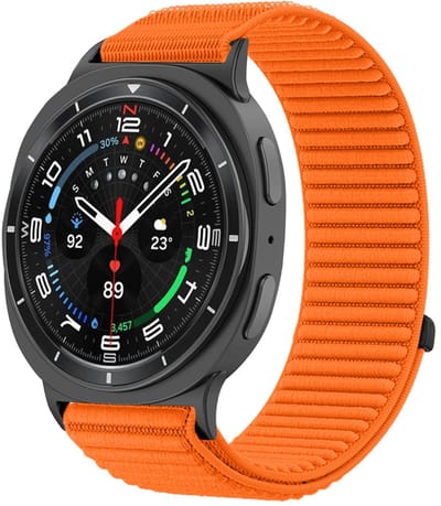 Stravo Nylon bandje – Geschikt voor Samsung Galaxy Watch 9 (40/44mm) / Watch 8 (40/44mm) / 8 Classic (46mm) – Smartwatch horlogeband met geweven structuur en klittenband – Oranje