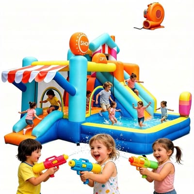 Opblaasbaar Waterkasteel – Met 2 Glijbanen, Hindernisbaan, Springkussen & Waterpistolen – Inclusief Ventilator & Haringen – 395X340X236CM -Geschikt voor 3-6 Kinderen (3-12 jaar)