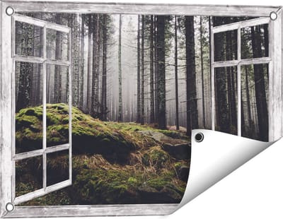 Gards Tuinposter Doorkijk Bos met Mos op Rotsen - 60x40 cm - Tuindoek - Tuindecoratie - Wanddecoratie buiten - Tuinschilderij