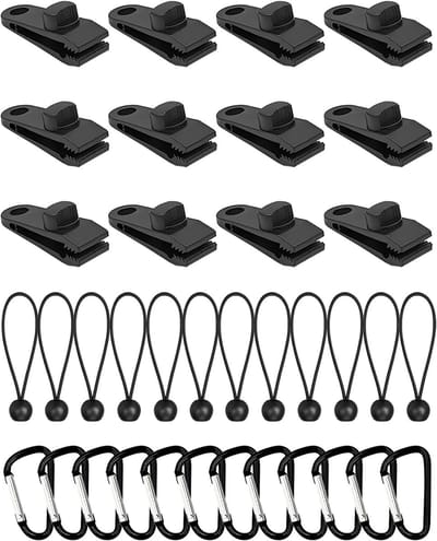 36 stuks tarp clips set, 12 zeilspanners, tarp clips + 12 nylon tentbungees koorden + 12 karabijnclips, voor dekzeilen, camping, hangmatten, zwembadafdekkingen en bootafdekkingen