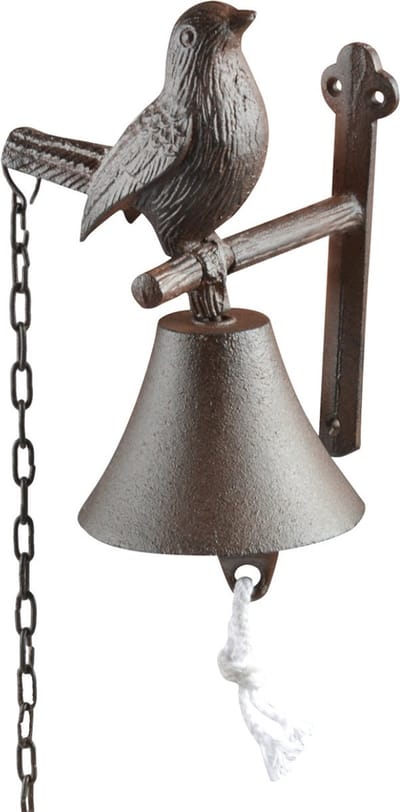 Klassieke deurbel/scheepsbel met vogel - bruin - gietijzer - 19 cm - deurbellen - bar bel voor rondje