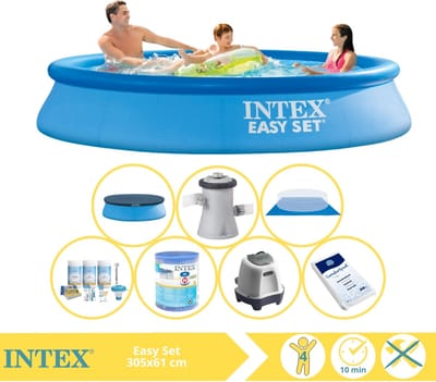 Intex Rond Opblaasbaar Easy Set Zwembad - 305 x 61 cm - Blauw - Inclusief Pomp - Afdekzeil - Onderhoudspakket - Filter - Grondzeil - Zoutwatersysteem - Zwembadzout - 8-delig