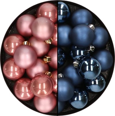32x stuks kunststof kerstballen mix van oudroze en donkerblauw 4 cm - Kerstversiering