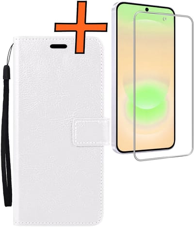 Hoes - Met Screenprotector - Geschikt voor Samsung Galaxy A37 - Luxe Pasjeshouder - Bookcase Portemonee - Flip Case - Kunstleer Book Case - Flipcase - Book Cover - Walletcase - PortemonneeHoes - Wit