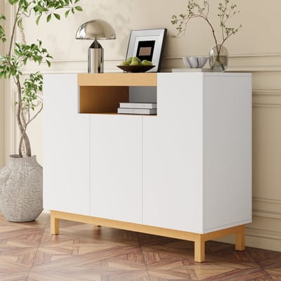 REDOM - Sideboard - 3 Deuren En Open Vak - Minimalistisch - Voor Woonkamer Of Eetkamer - Spaanplaat - Wit - 120,5 X 42 X 96 Cm