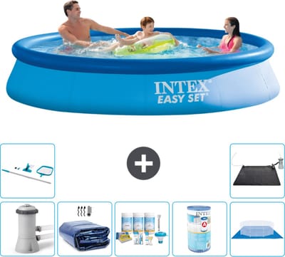 Intex Rond Opblaasbaar Easy Set Zwembad - 366 x 76 cm - Blauw - Inclusief Pomp - Solarzeil - Onderhoudspakket - Filter - Grondzeil - Schoonmaakset - Solar Mat - 8-delig
