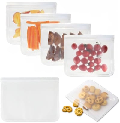 5 stuks Voedselbewaarzakken - Lekvrije diepvrieszakken en plasticvrije Ziplock-zakken - Herbruikbaar - voor vlees, granen, sandwiches, snacks, fruit, groenten, lunchvoedsel, reisopslag, verse voedselopslag - Transparant
