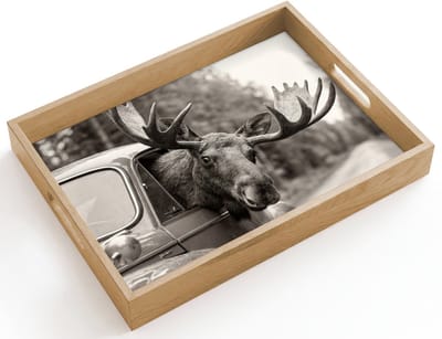Dienblad hout 40x30 cm - Schootdienblad - Eland - Auto - Gewei - Zwart - Wit - Borrelplank rechthoek - Plateau dienbladen