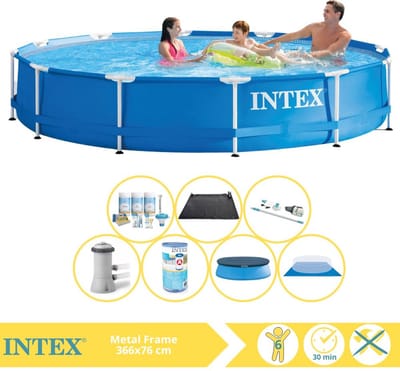 Intex Rond Frame Zwembad - 366 x 76 cm - Blauw - Inclusief Afdekzeil - Onderhoudspakket - Zwembadfilterpomp - Filter - Grondzeil - Stofzuiger - Solar Mat - 8-delig