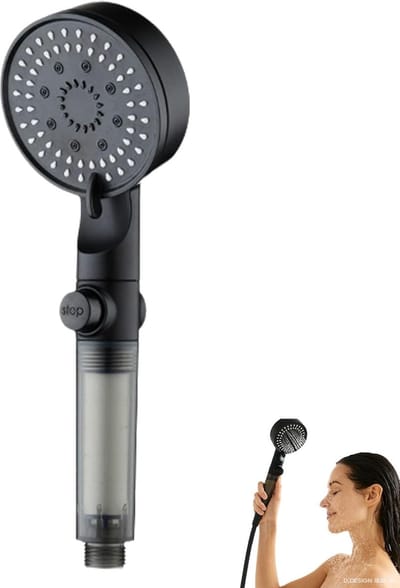 1 Douchekop voor hard water - 27 × 9 cm - 5 sproeipatronen - Handdouche met hogedruk-waterontharder en koolstoffilter - Geschikt voor een droge huid en droog haar - Zwart