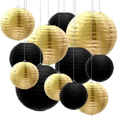 Dailygoods- Papieren Lantaarns Set van 12 - Ronde Lantaarns - Opvouwbare Lantaarns - Decoratieve Feestlantaarns - Zwart/Goud - Lichtgewicht Papier