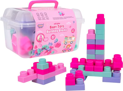 Playos® - Zachte Bouwblokken - in Koffer - 32 delig - Roze - vanaf 18 maanden - met Stickers - Bouwen - Stapelen - Sensorisch Speelgoed - Sinterklaas