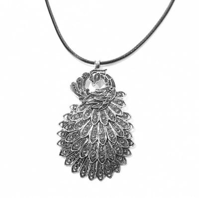 Halsketting- lang -koord- Zilverkleur- pauw - Charme Bijoux