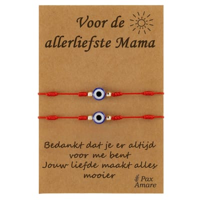 Moeder Kind Armbandjes voor 2 "Voor de Allerliefste Mama" - Evil Eye - Vriendschapsarmbandjes met Persoonlijk Cadeau Kaartje - Rood - Elastisch Verstelbaar - Pax Amare